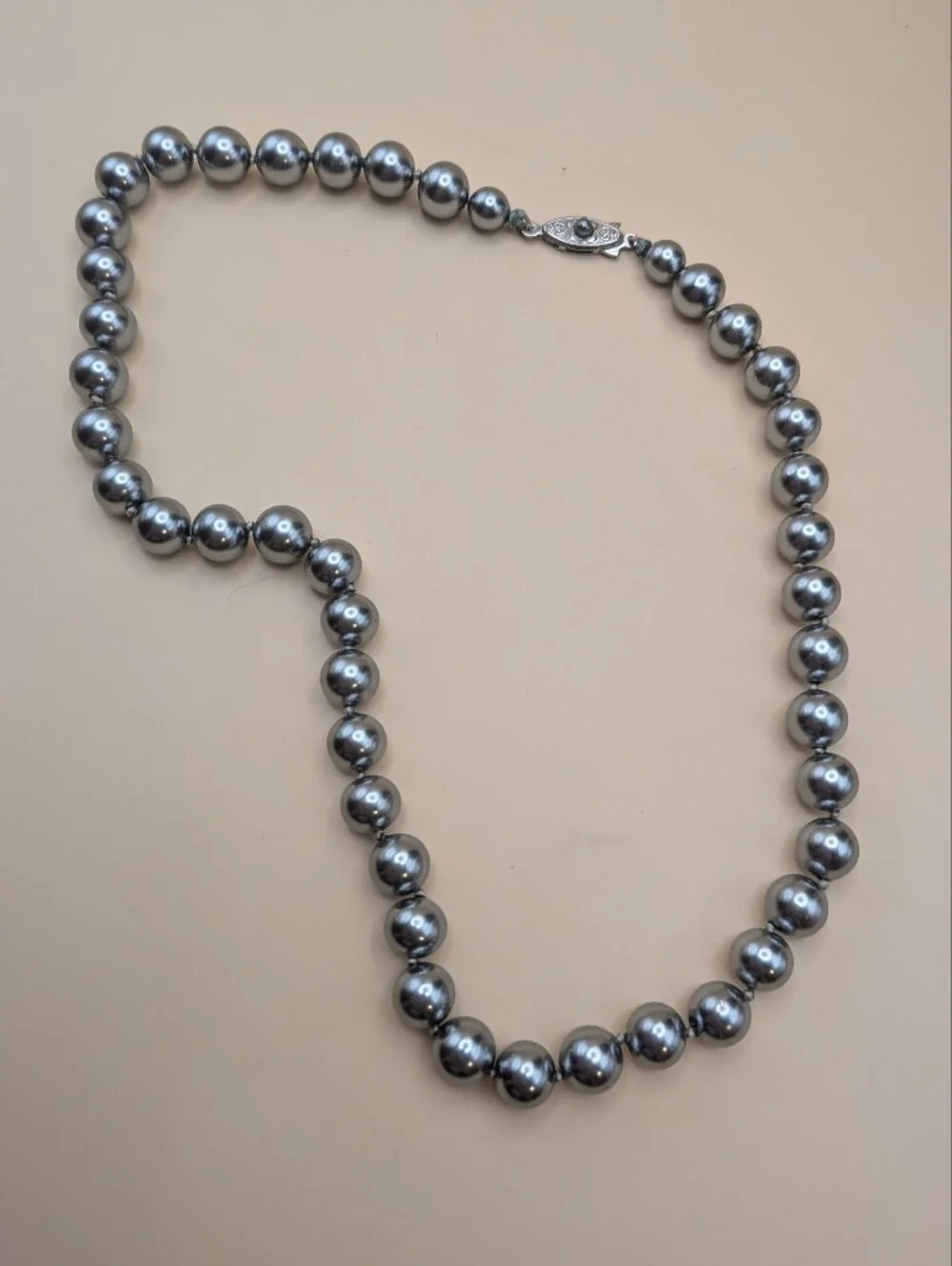 Vintage Silver Colored Faux Metallic Pearl Beaded Necklace Stamped Japan